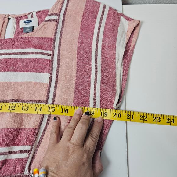 Old Navy Womens Sz Medium Pink Red Striped Linen Blend Dress Coastal Nautical - Picture 8 of 10